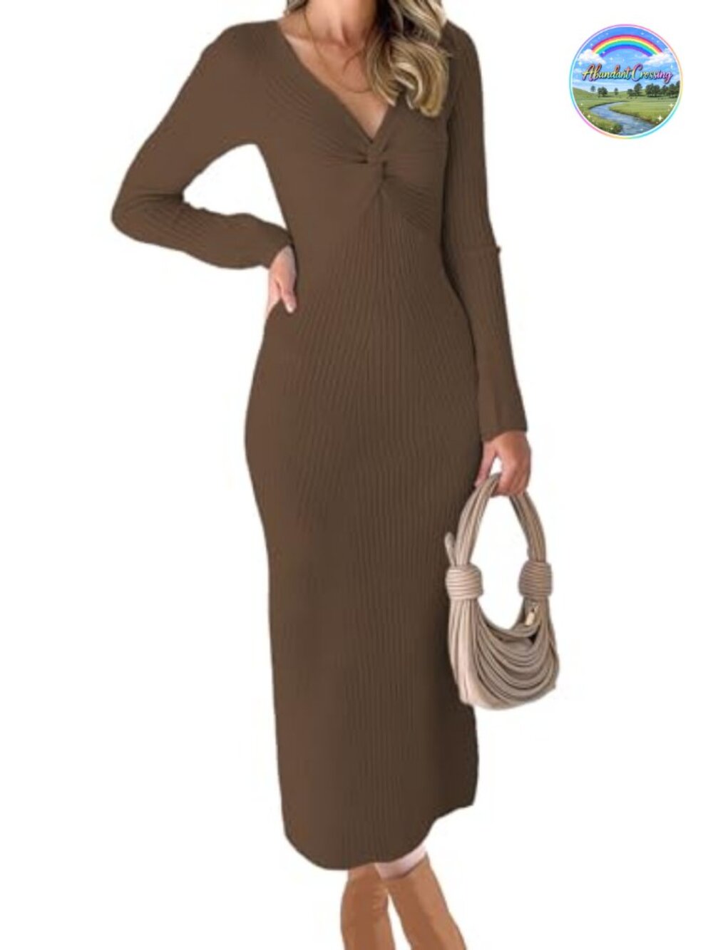 Women's V-Neck Knit Bodycon Midi Sweater Dress Long Sleeve Slim Fit